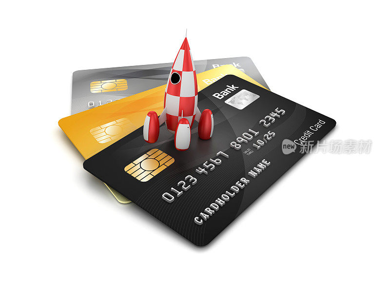信用卡与复古火箭- 3D渲染